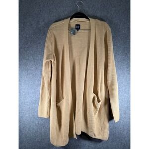 GAP Women's Long Open Front Cardigan Sweater L‎ Beige Ribbed Knit Pockets Cozy